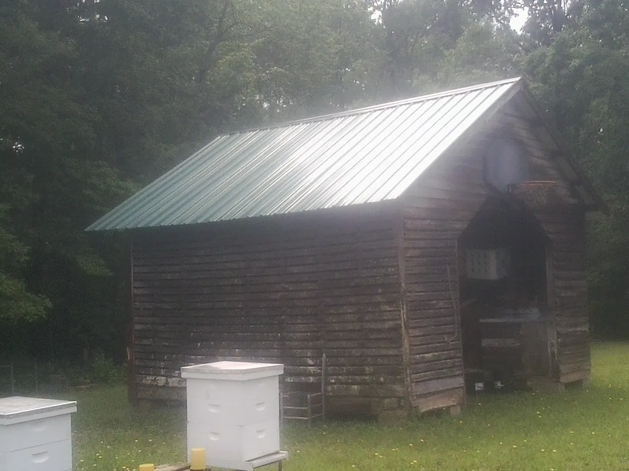 Green metal roof on a weathered barn beside stacked beehives in Judsonia